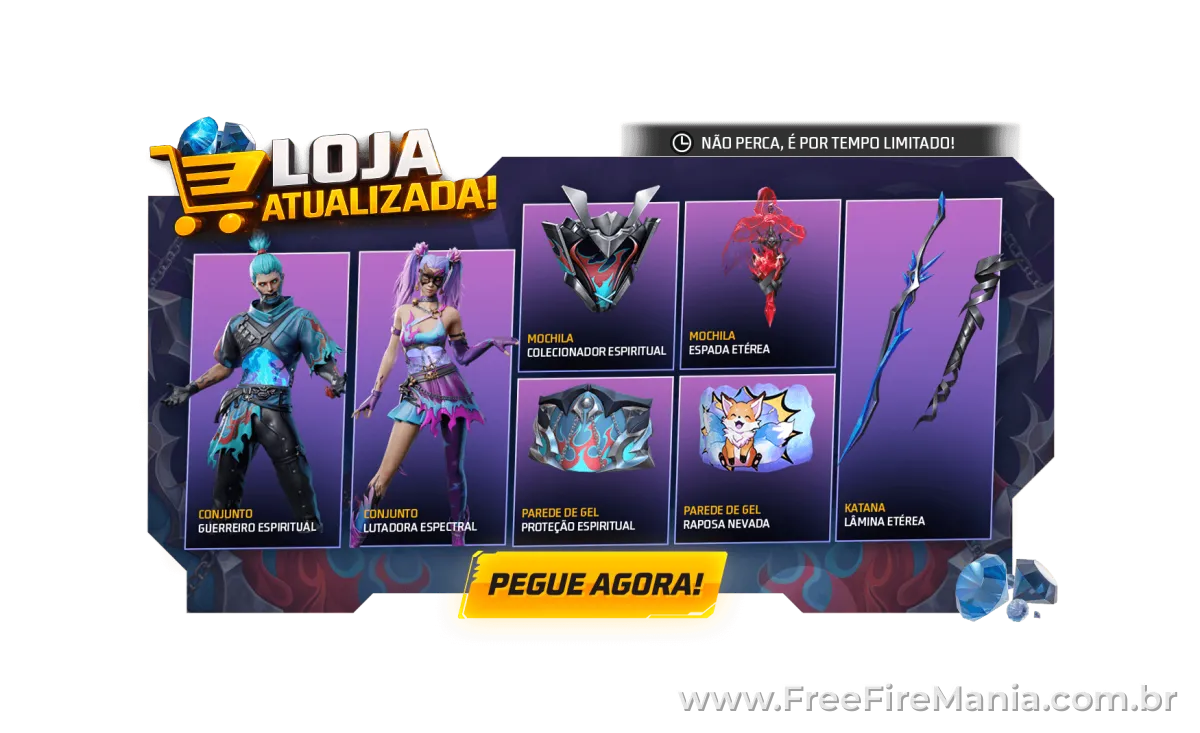 Loja atualizada do Free Fire com itens diretos e sem roletas