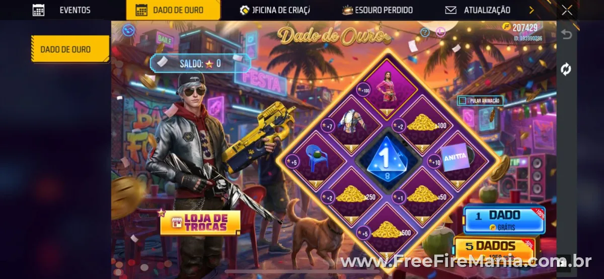 Tabuleiro do evento Dado de Ouro Free Fire com recompensas
