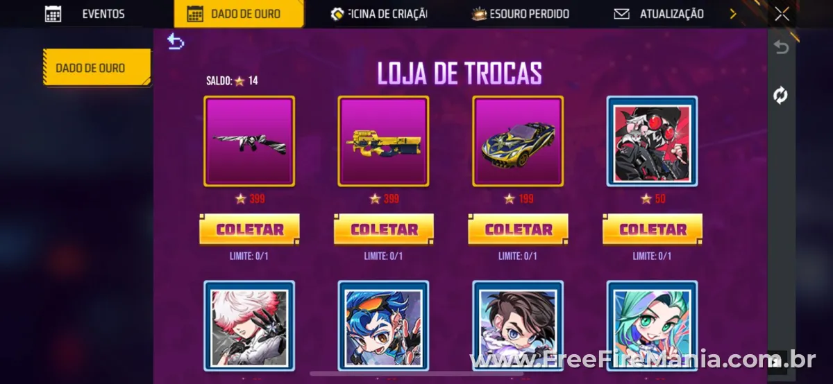 Tela de custo de moedas no evento Dado de Ouro Free Fire