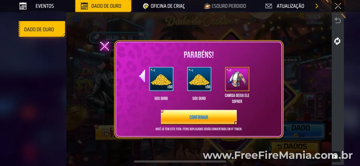 Recompensas do evento Dado de Ouro com ouro e skin Free Fire