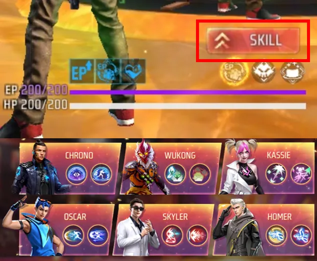 Nova mecânica de evolução de habilidades no Free Fire OB54 com personagens Chrono, Wukong, Kassie, Oscar, Skyler e Homer
