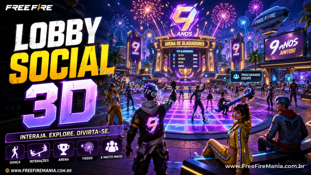 Lobby Social 3D do Free Fire na atualiza&ccedil;&atilde;o OB54 &mdash; anivers&aacute;rio de 9 anos do jogo
