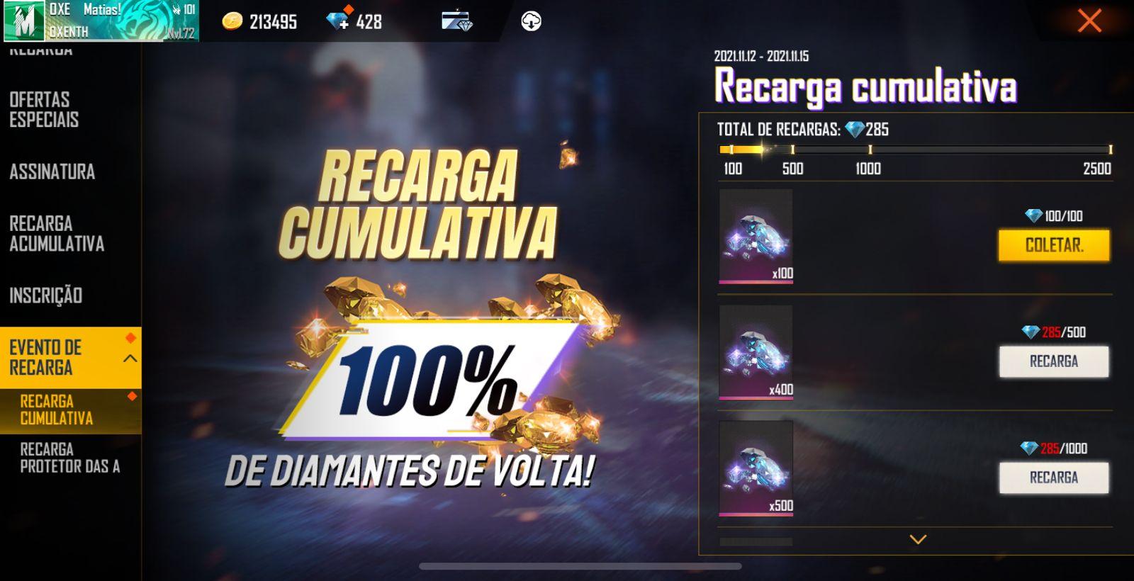 Recarga Free Fire com bônus de 100% na compra de diamantes chega