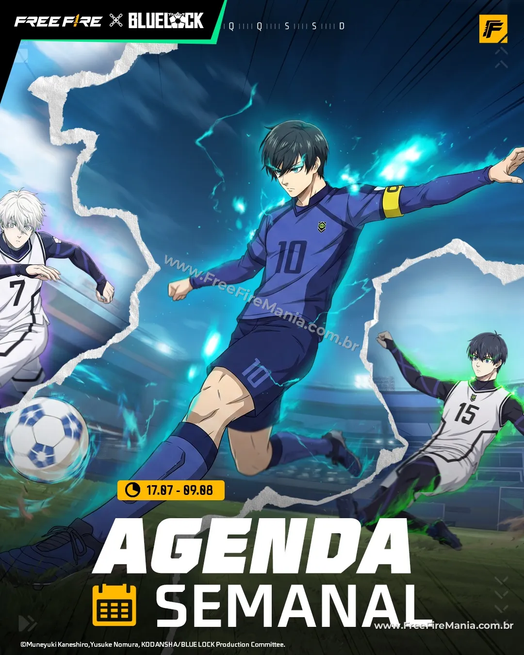 Agenda da parceria Free Fire x Blue Lock com itens gr&aacute;tis e premium em julho de 2026