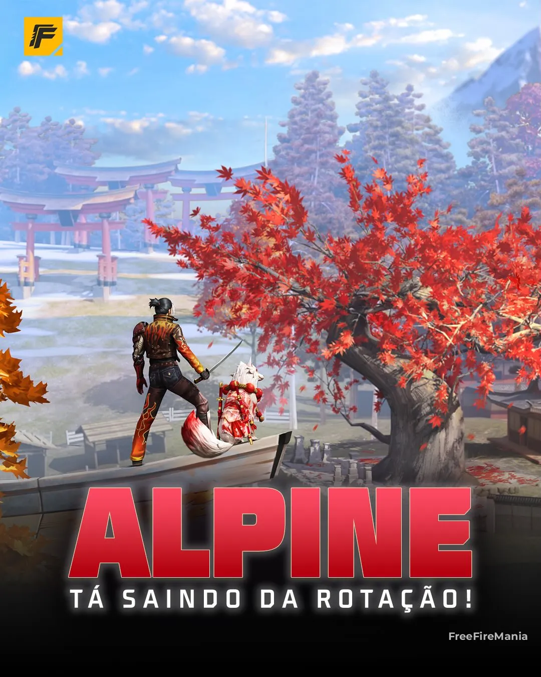 Mapa Alpine Free Fire cen&aacute;rio com &aacute;rvore vermelha e templos