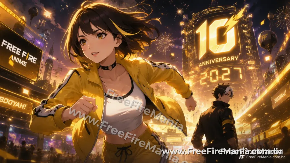 Official art of the anime Free Fire Daybreak featuring Kelly, Hayato, and Moco