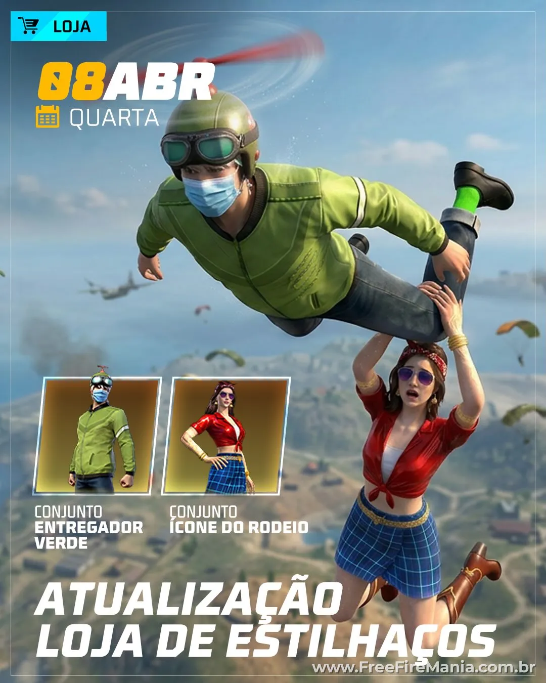 Atualização loja de estilhaços Free Fire abril 2026 conjuntos disponíveis