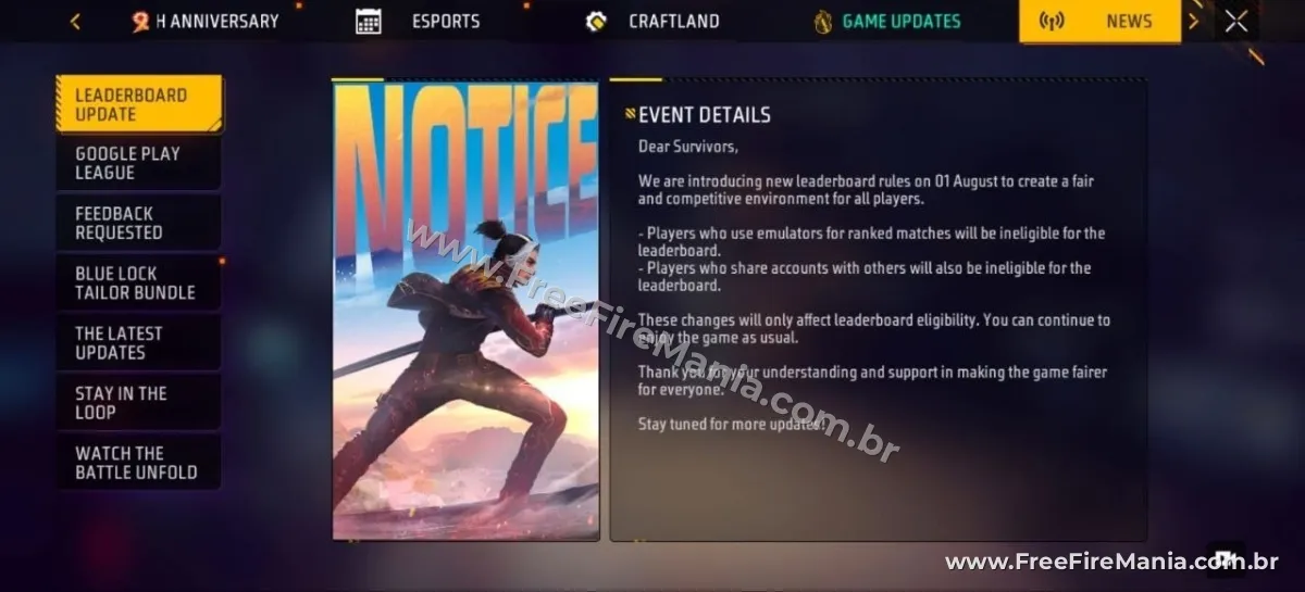 Aviso oficial da Garena no Free Fire sobre novas regras do leaderboard v&aacute;lidas a partir de 1&ordm; de agosto