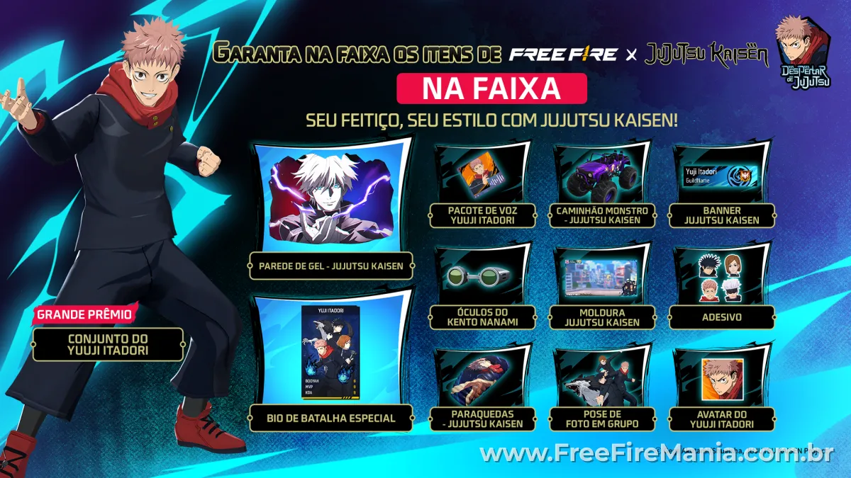 Recompensas gratuitas da faixa Free Fire x Jujutsu Kaisen: conjunto Yuuji Itadori, &oacute;culos Kento Nanami, bio de batalha e mais