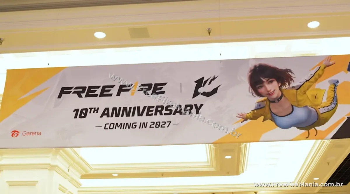 Banner oficial do anime de Free Fire com o texto 10th Anniversary Coming in 2027, exibido na Licensing Expo