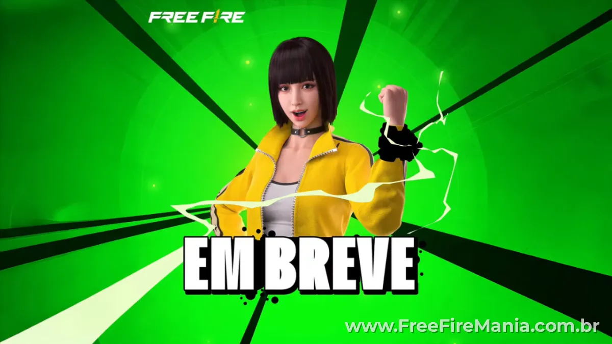 Kelly do Free Fire segurando o Omnitrix de Ben 10 com fundo verde e logo Free Fire