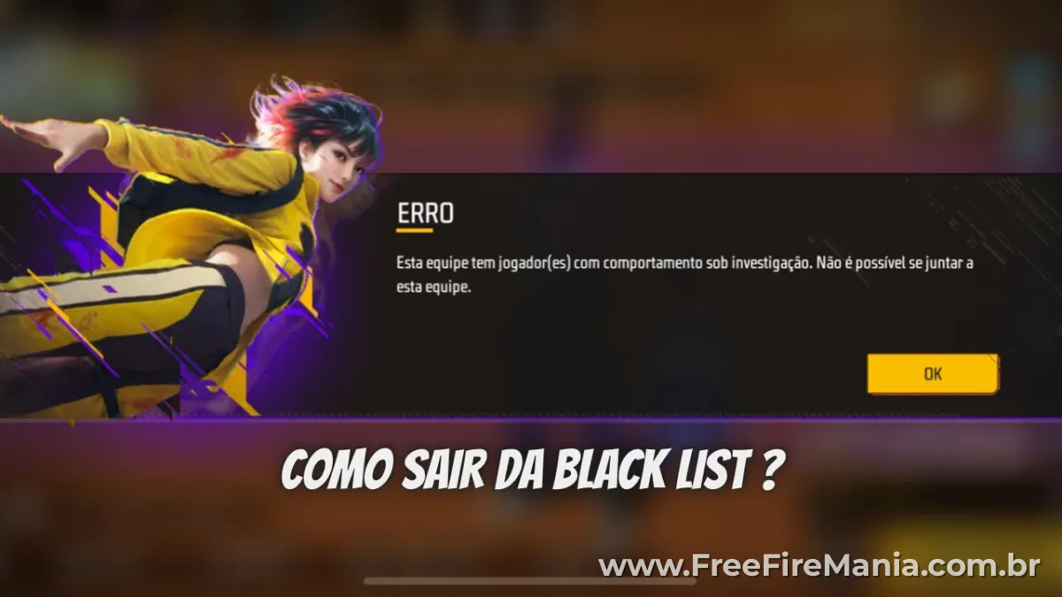 Tela do Free Fire mostrando mensagem de conta sob investigação na blacklist da Garena