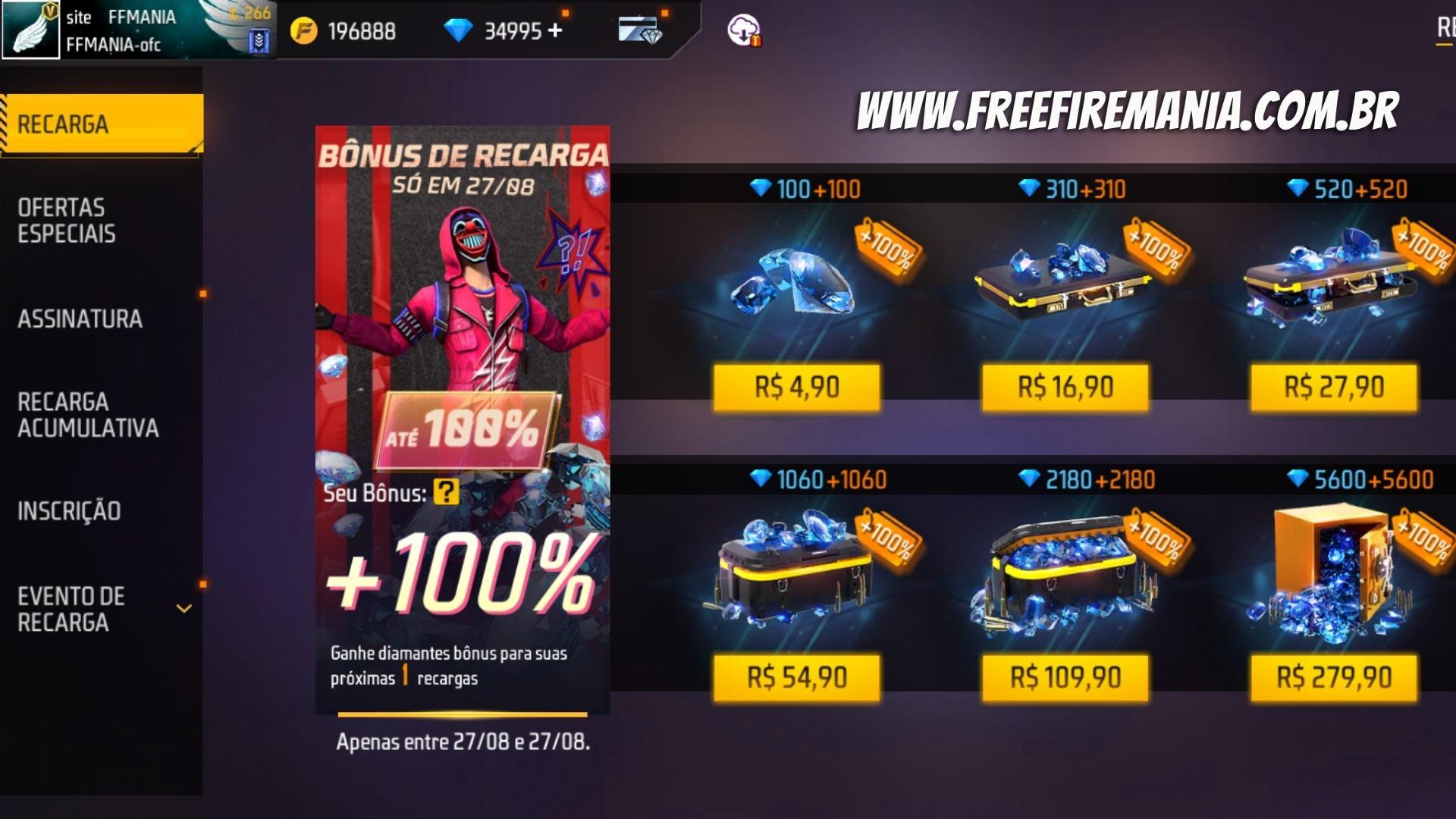 Recarga Free Fire com bônus de 100% na compra de diamantes chega