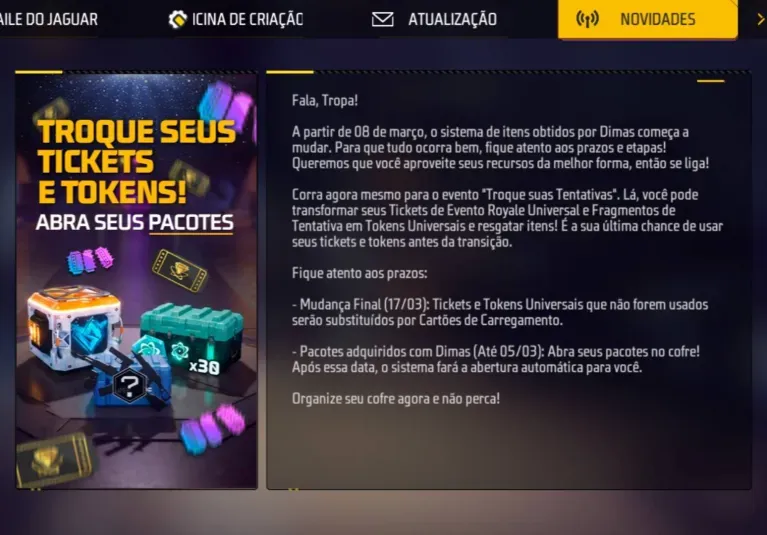 Aviso oficial no Free Fire sobre abertura autom&aacute;tica de pacotes