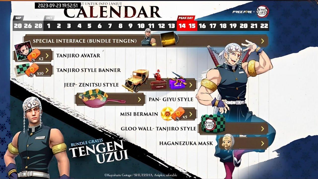 Calendário de itens grátis da parceria com Demon Slayer e agenda seman