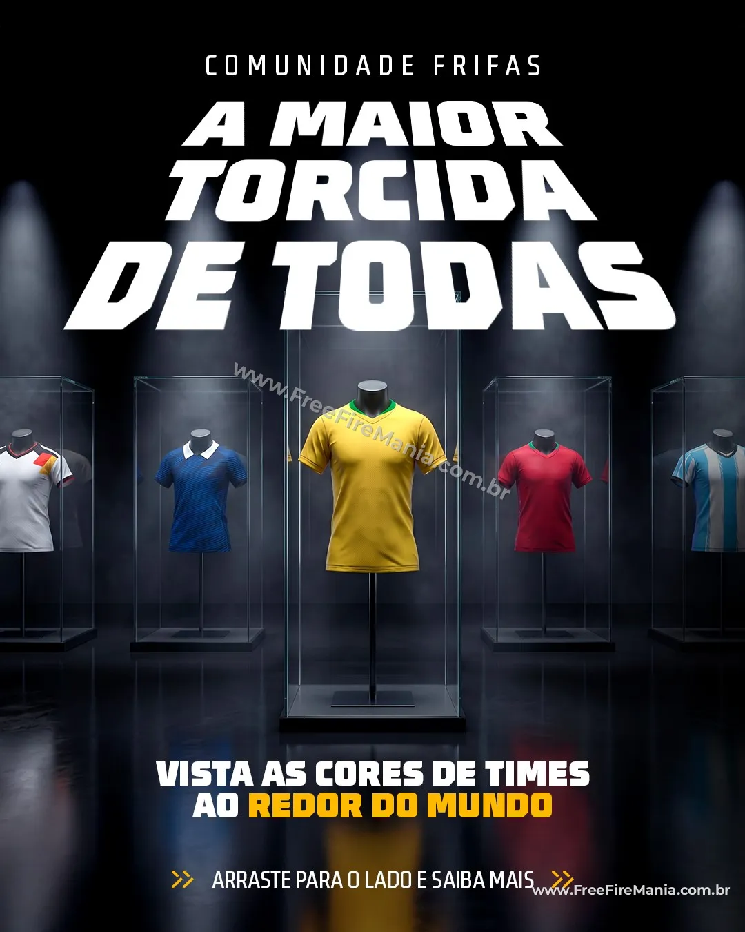 Arte oficial da Garena mostrando camisas de times de futebol expostas em vitrines na loja do Free Fire