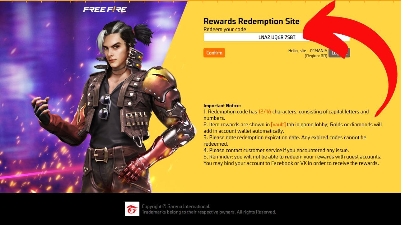 Jogadores devem inserir o Codiguin Free Fire no campo “Resgate seu Código”