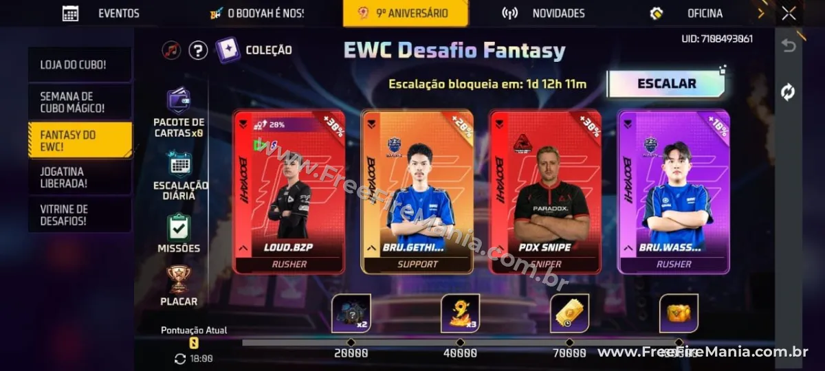Cartas de jogadores profissionais no evento EWC Desafio Fantasy do Free Fire