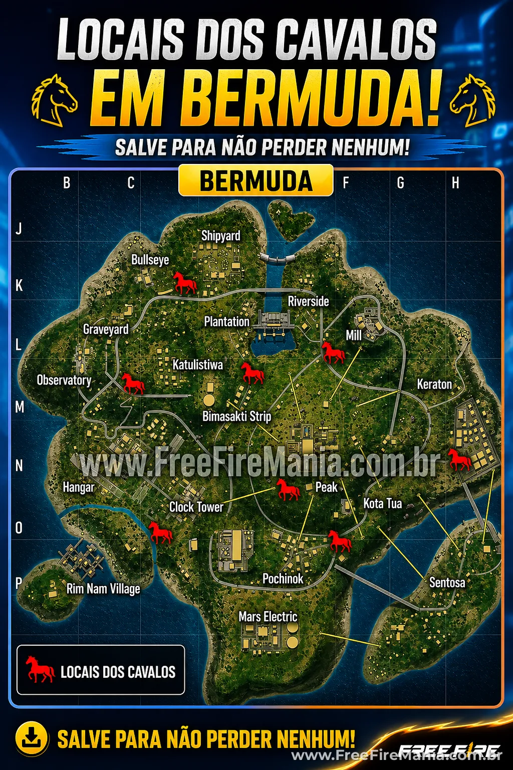 Localiza&ccedil;&atilde;o do cavalo no mapa Bermuda do Free Fire &mdash; todos os pontos de spawn marcados