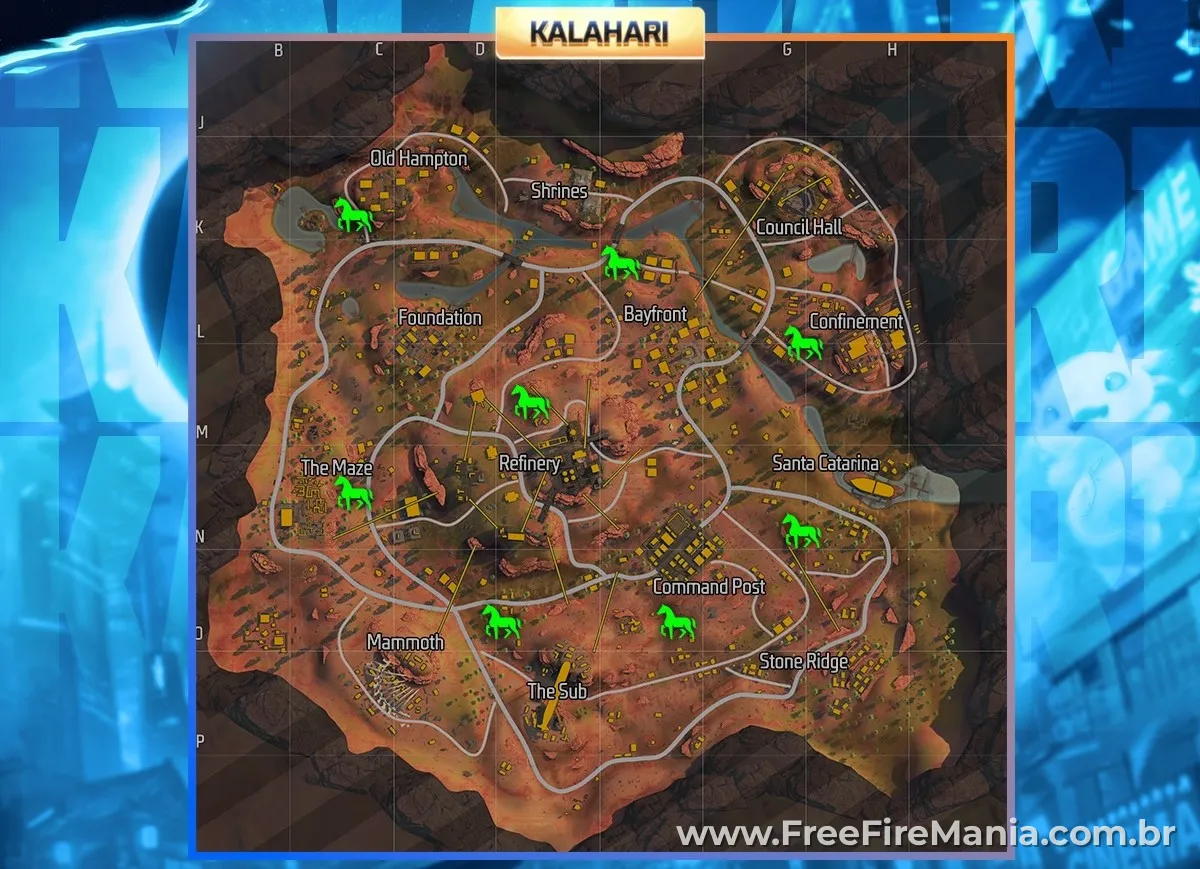 Localiza&ccedil;&atilde;o do cavalo no mapa Kalahari do Free Fire &mdash; pontos de spawn marcados em verde