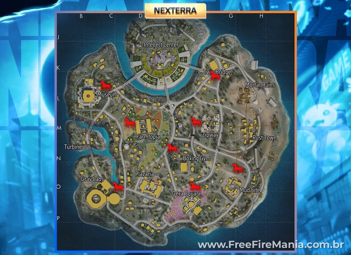Localiza&ccedil;&atilde;o do cavalo no mapa Nova Terra (Nexterra) do Free Fire &mdash; pontos de spawn marcados