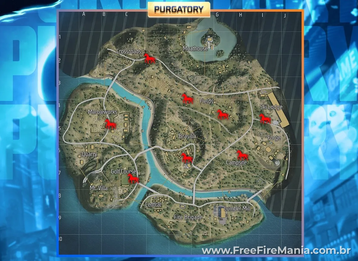 Localiza&ccedil;&atilde;o do cavalo no mapa Purgat&oacute;rio do Free Fire &mdash; pontos de spawn marcados
