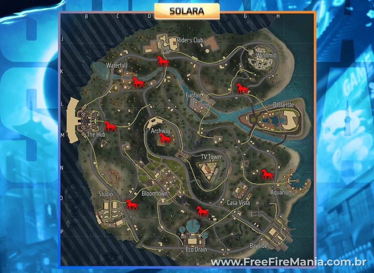 Localiza&ccedil;&atilde;o do cavalo no mapa Solara do Free Fire &mdash; todos os pontos de spawn