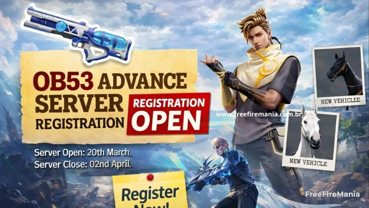 Banner do servidor avançado OB53 mostrando cavalo como novo veículo no Free Fire