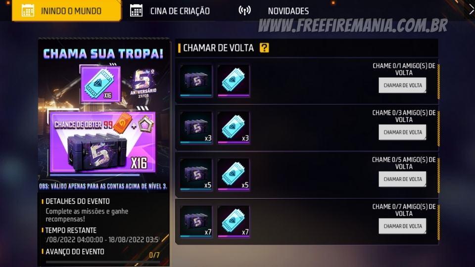 Chamar de volta Free Fire: Tudo sobre o evento Chama a Tropa em agosto de  2022 - Millenium