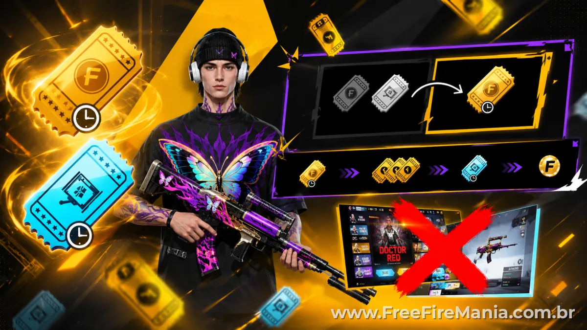 Tela do Free Fire mostrando mudança do Ouro Royale para o novo sistema Gold Vault