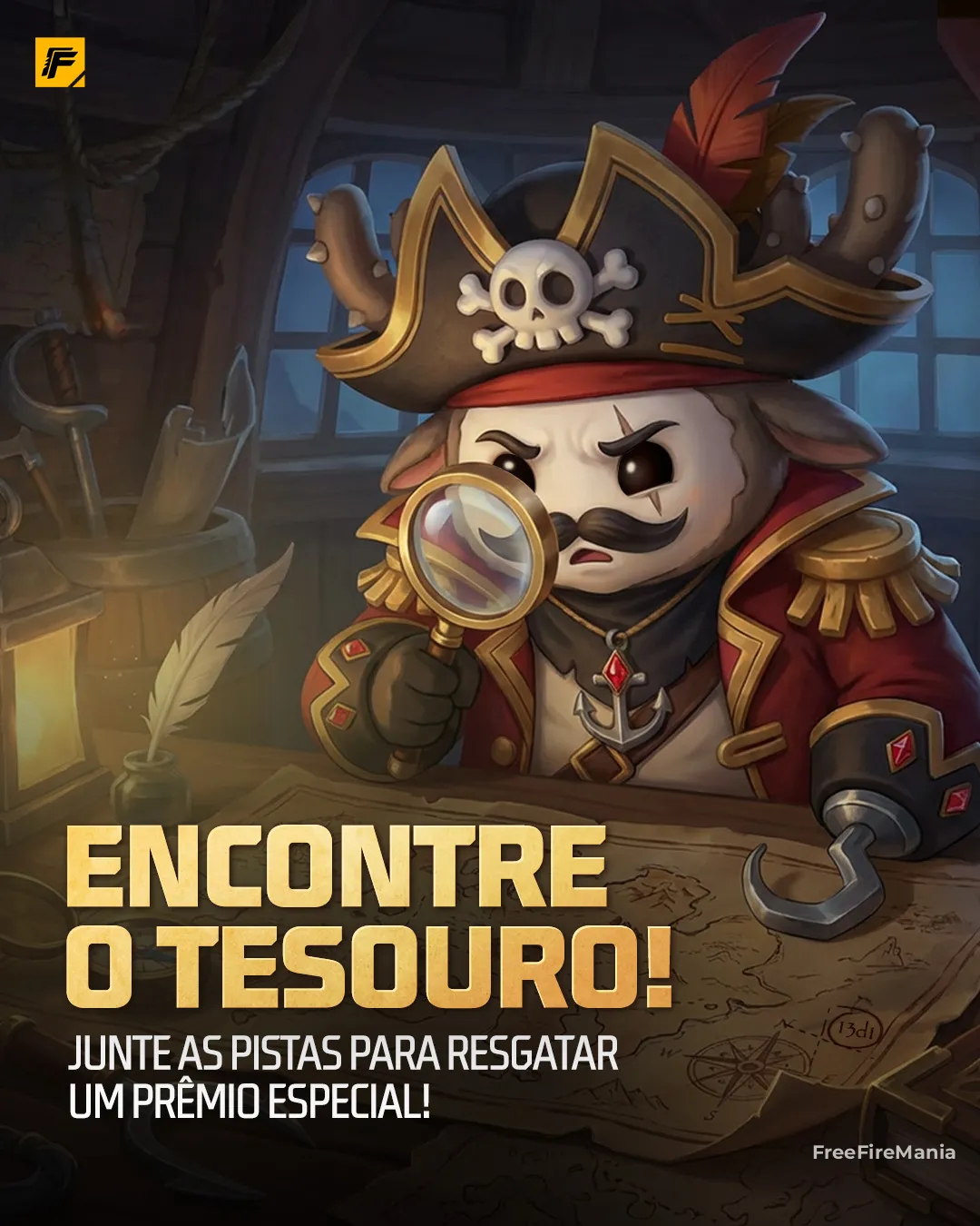 Pista da parte 1 do Codigão Free Fire escondida em mapa do evento caça ao tesouro