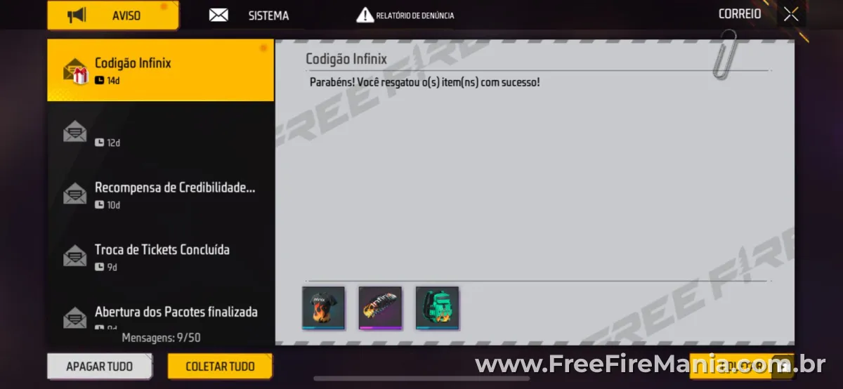 Resgate de codiguin no Free Fire confirmado com sucesso