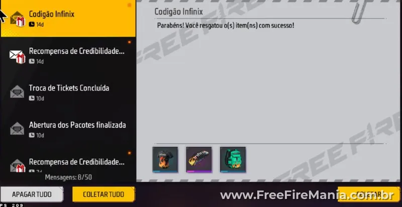 Tela de resgate de codiguin no Free Fire com recompensa ativa
