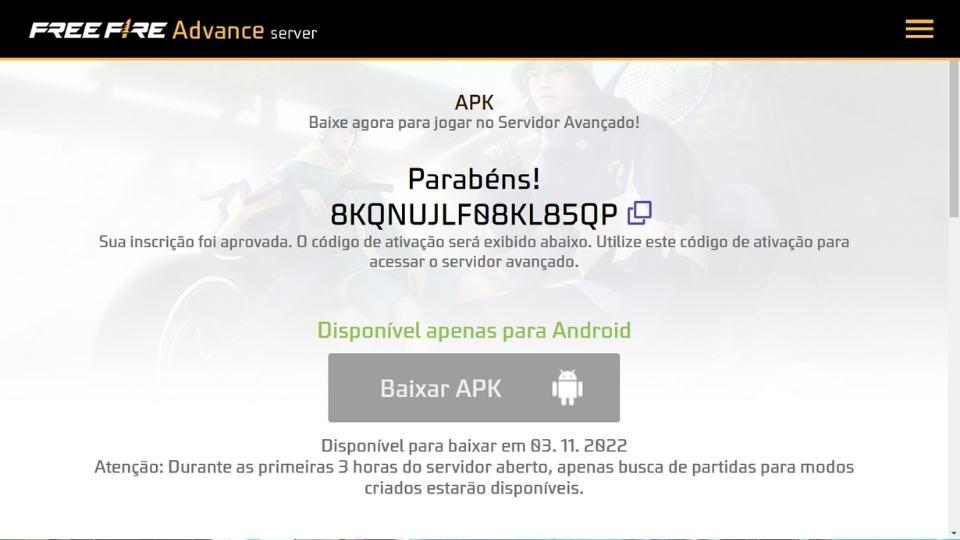 CDK Free Fire: código de ativação no APK do Servidor Avançado