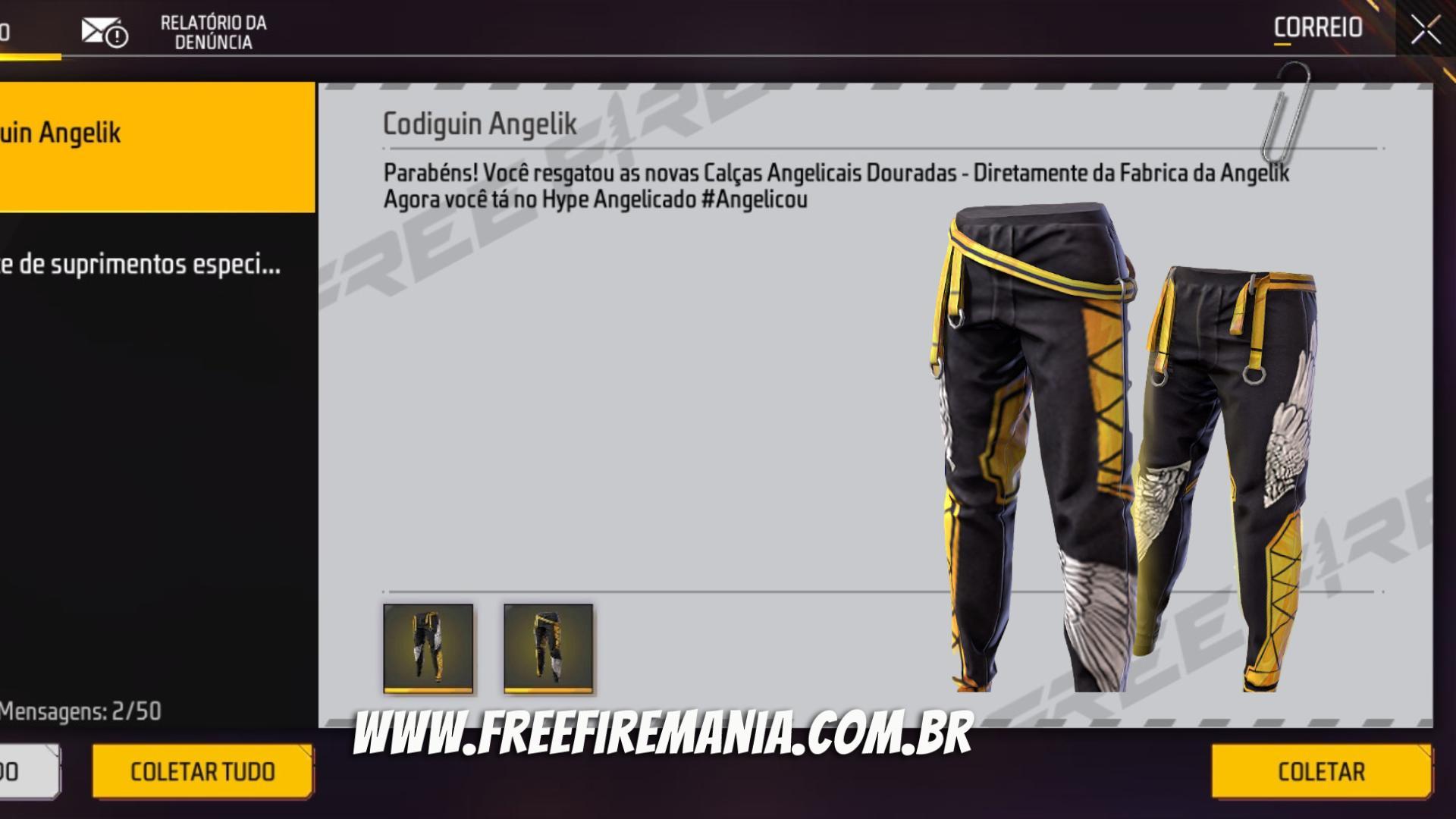 CODIGUIN FF: Free Fire libera código Calça Angelical Dourada (Amarela);  Resgate no Rewards