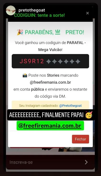 Exemplo de CODIGUIN FF ganho no site Free Fire Mania