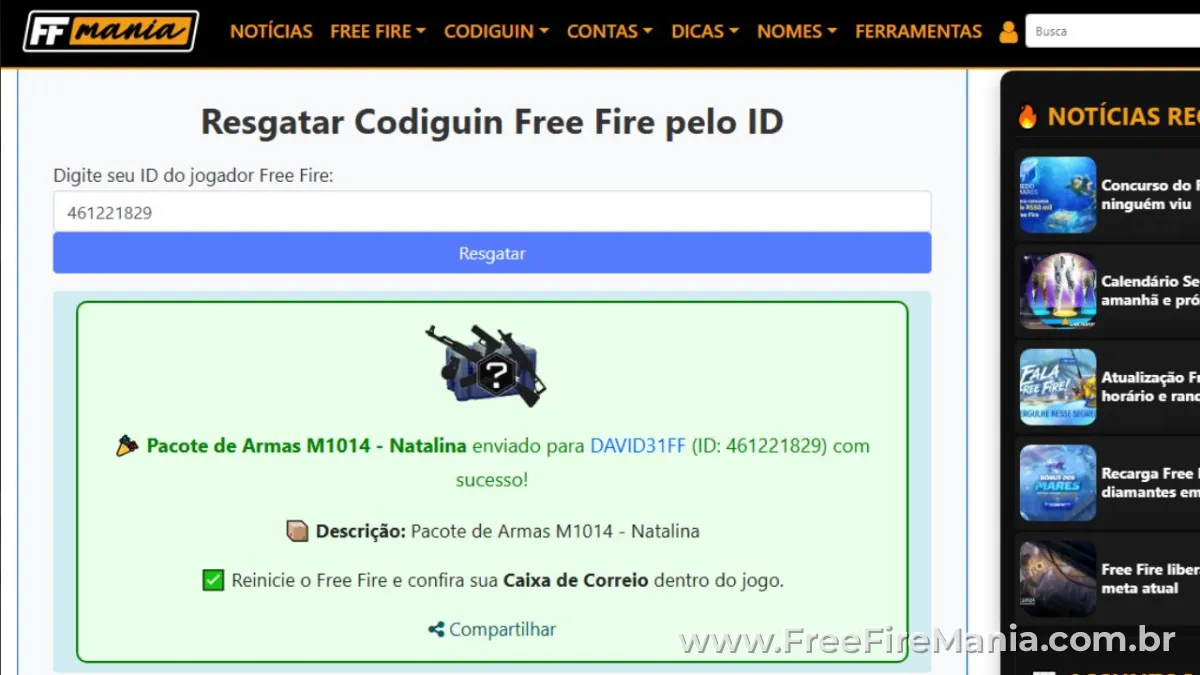 Resgate de codiguin pelo ID no Free Fire funcionando