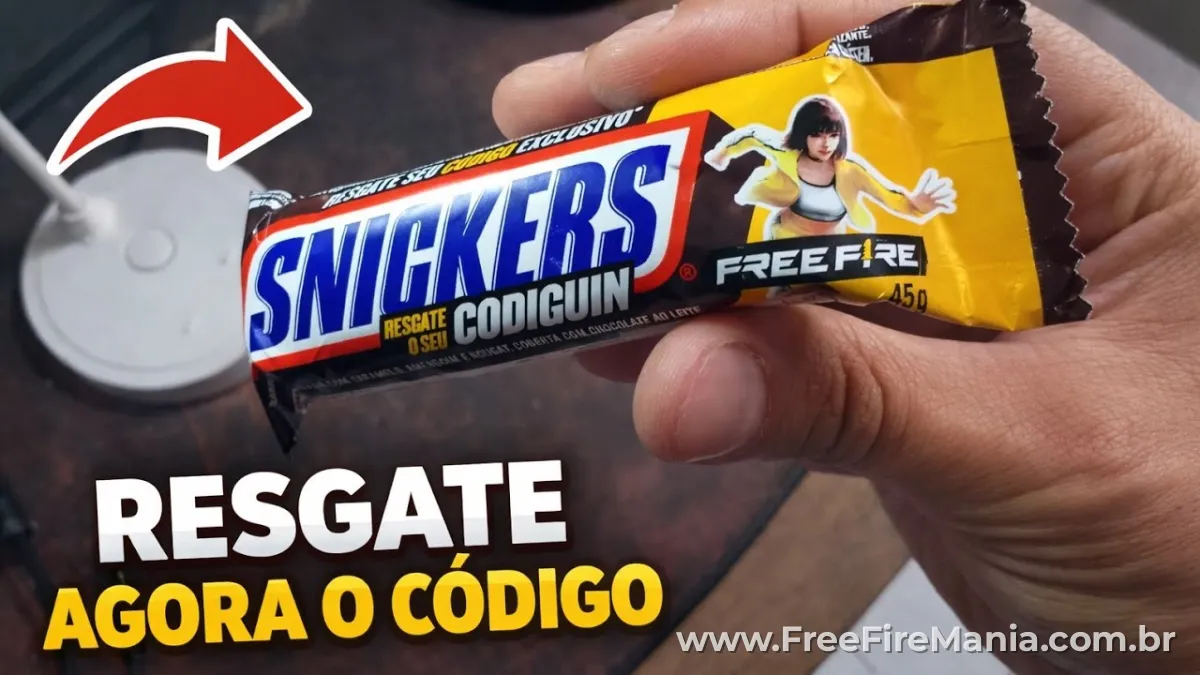 Skin Snickers do evento Free Fire exibida durante promo&ccedil;&atilde;o oficial de codiguin