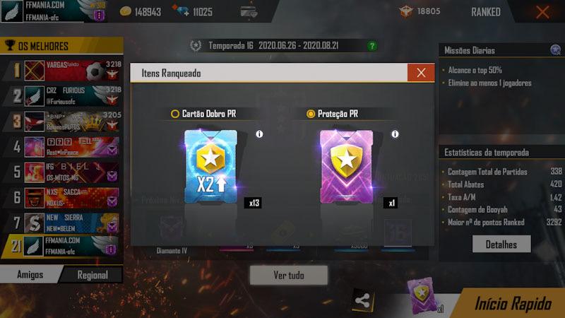 Ativar cartão proteção de rank FF