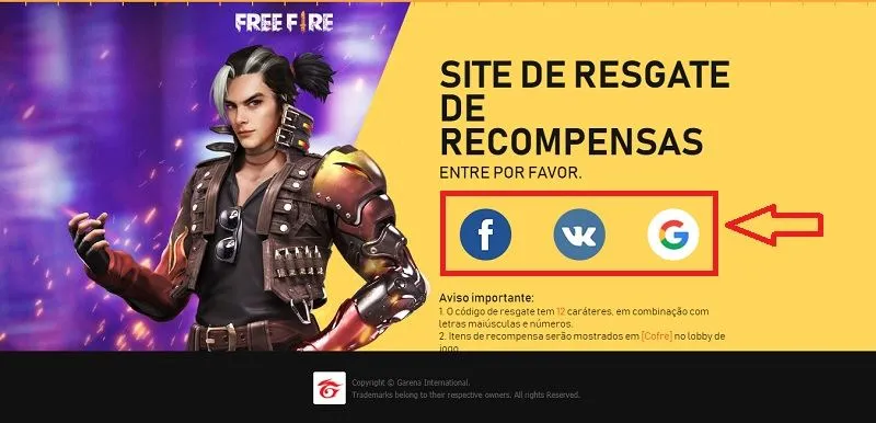 Tela de login do site Rewards para resgatar Codiguin FF