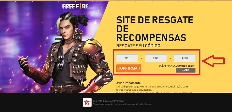 Campo para inserir Codiguin FF no site Rewards