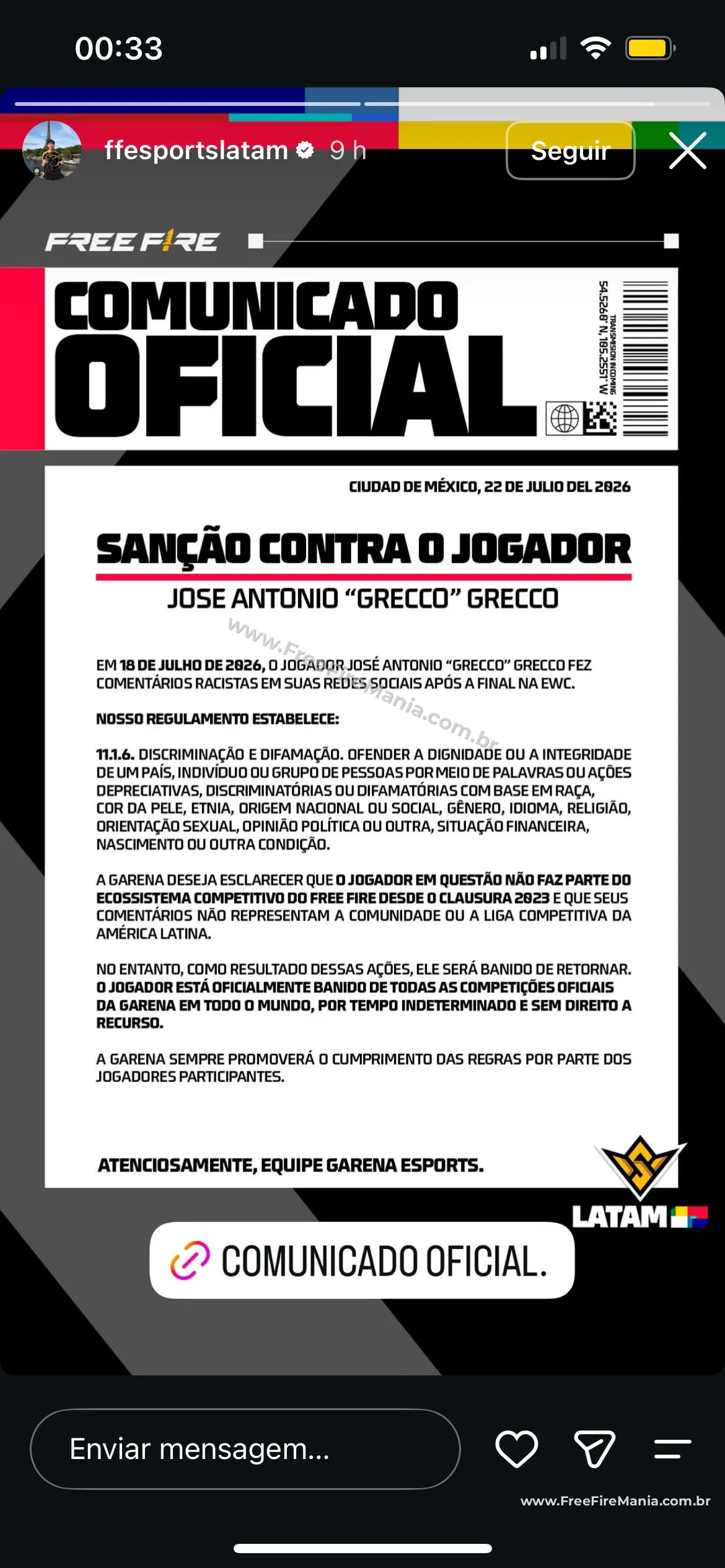 Comunicado oficial de Garena Esports LATAM sobre el baneo de Grecco por racismo