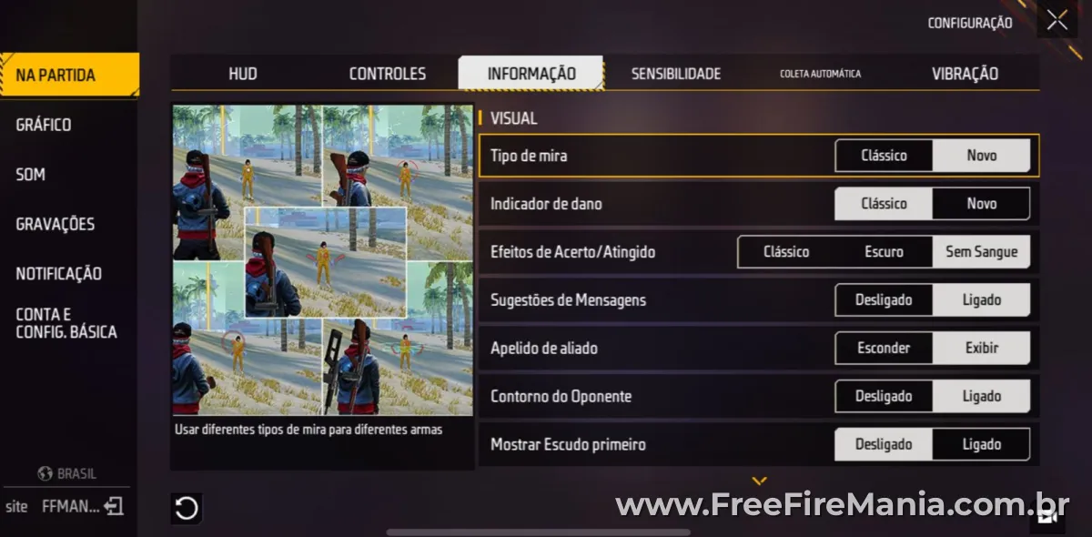 Configuração de apelido de aliado no Free Fire — opção Esconder ativada
