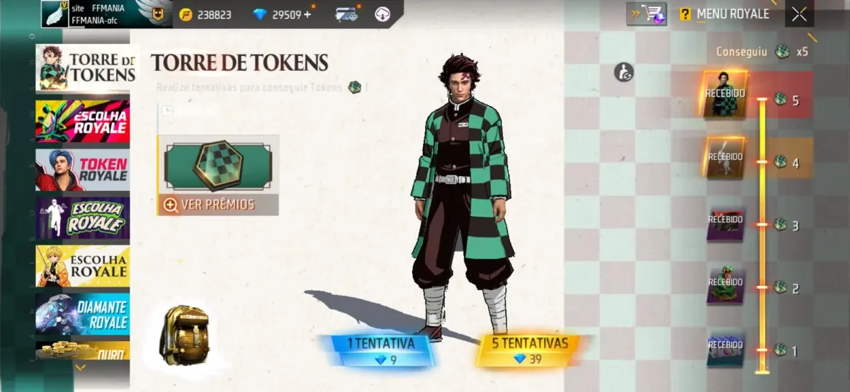 Tela do evento Torre de Tokens Free Fire