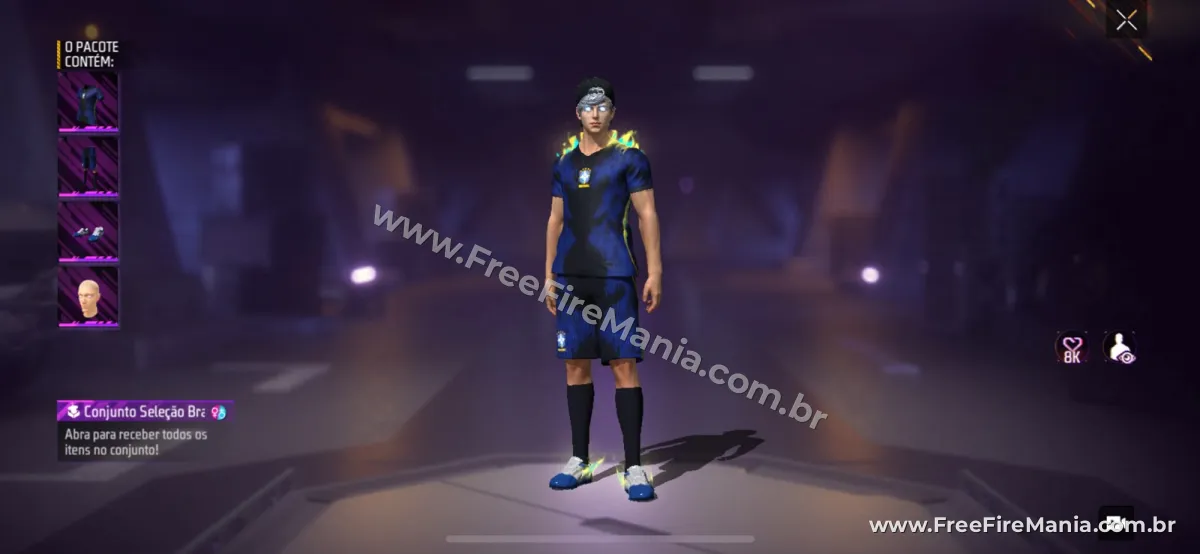 Conjunto Seleção Brasileira 2026 – Secundário no Free Fire, com roupa azul, calção, luvas e máscara