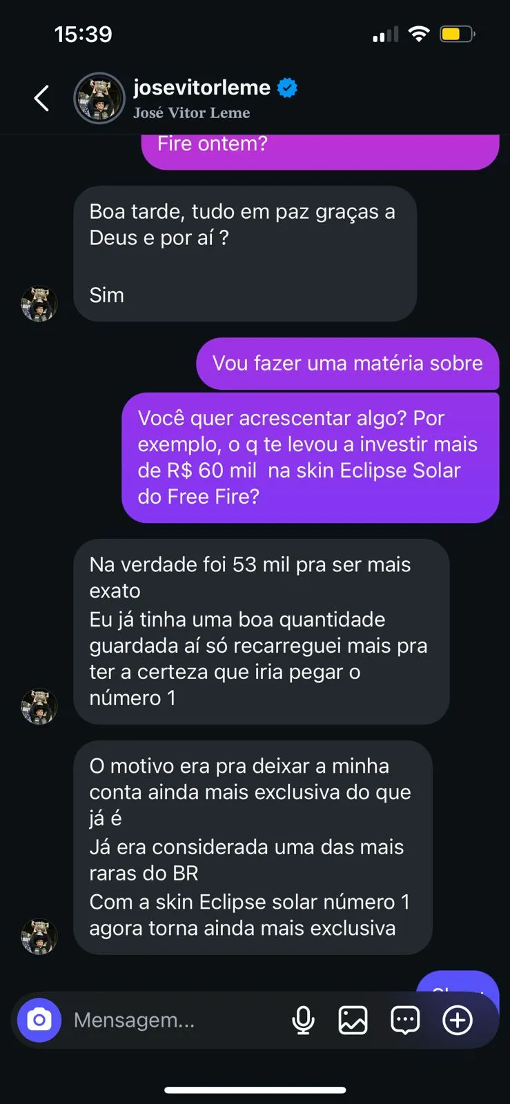 Conversa exclusiva com LEME¹ sobre o investimento de R$ 53 mil no Eclipse Solar nº 00001 do Free Fire