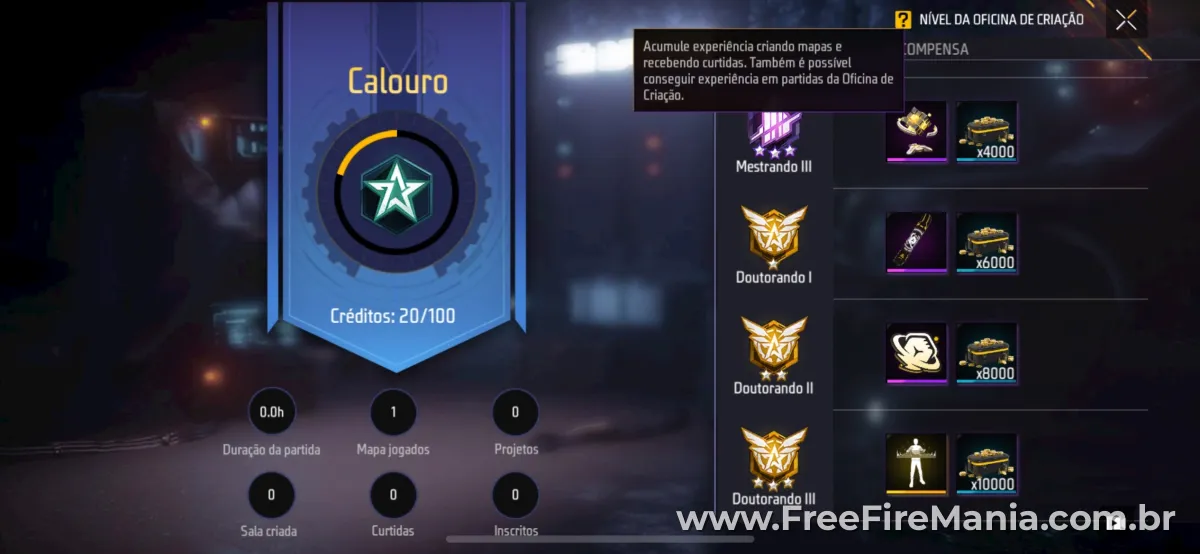 Interface da Craftland no Free Fire mostrando mapas criados por jogadores