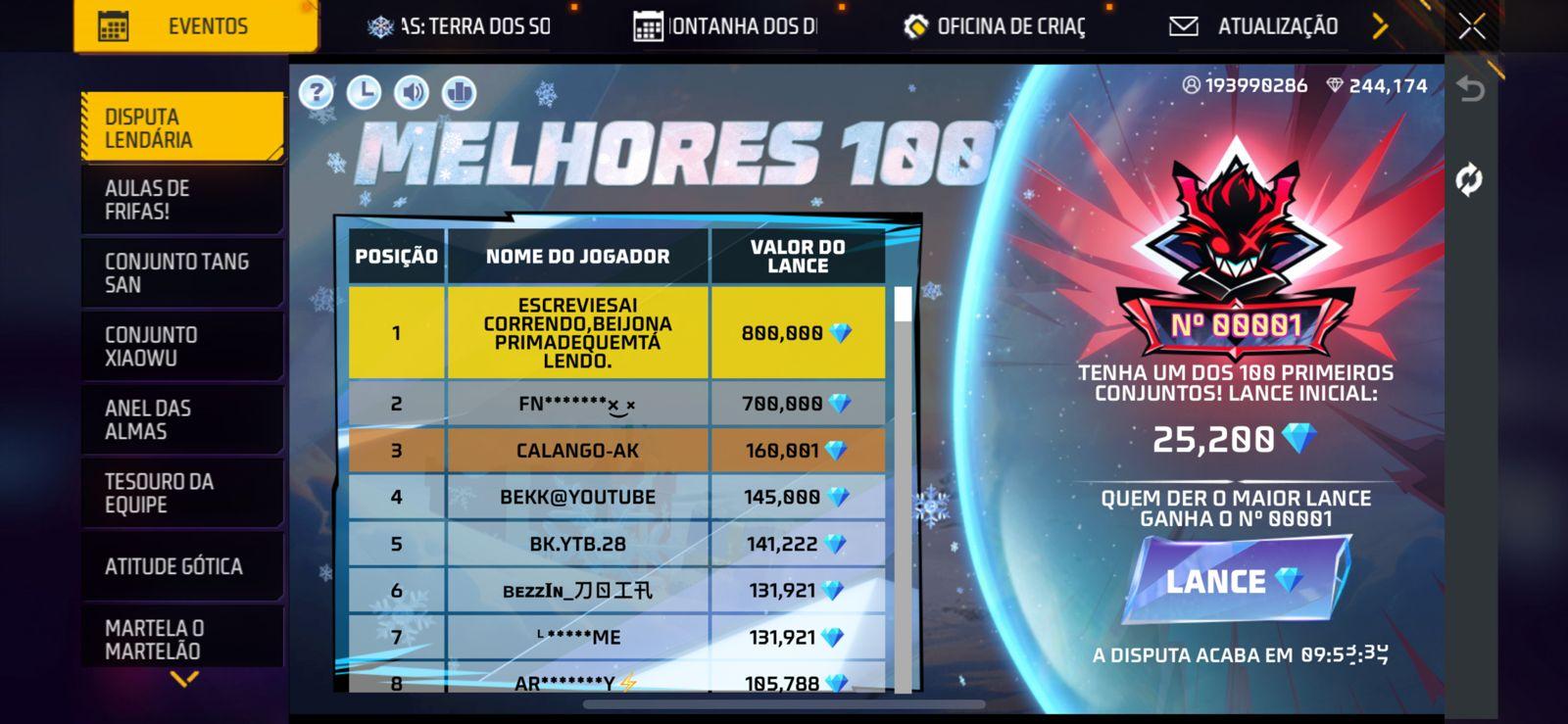 800 mil diamantes gasto no evento Disputa Lendária do Free Fire