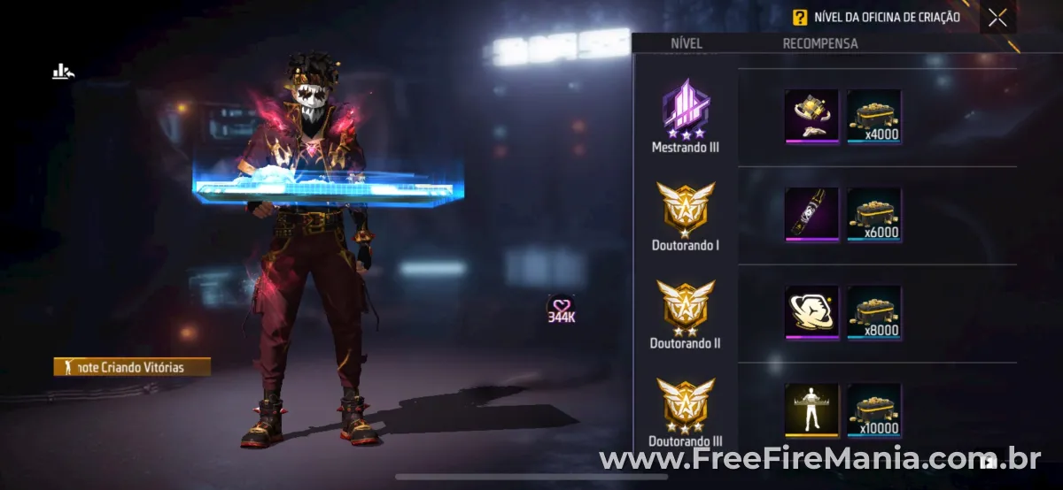 Emote Criando Vit&oacute;rias do Free Fire sendo usado por personagem dentro da Craftland