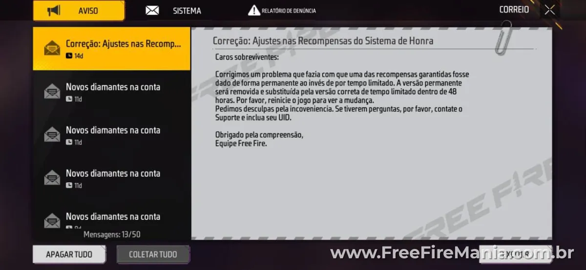 Mensagem oficial do Free Fire informando correção nas recompensas do sistema de honra